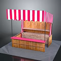 Wooden Market Stall With Red And White Striped Awning And Pink Countertop