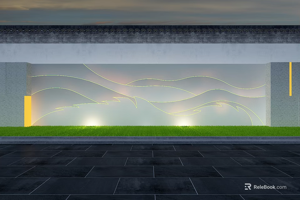 Modern Garden Landscape With Curved Line Decor Lawn And Stone Wall Lighting 3d model 
