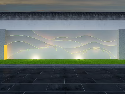 Modern Garden Landscape With Curved Line Decor Lawn And Stone Wall Lighting 3d model