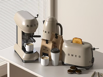 Modern SMEG Kitchen Appliances With Coffee Machine Kettle And Toaster On Counter 3d model