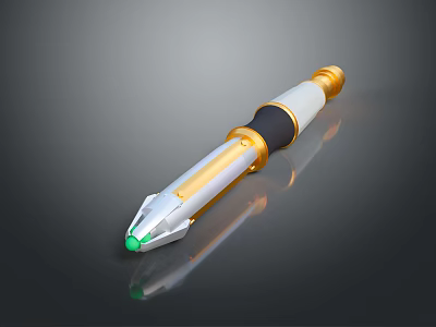 Futuristic Sci Fi Weapon With Gold White Black Cylindrical Design Green Glowing Tip Metallic Finish 3d model