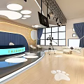 Kids Studio Interior With Cloud Shaped Lights Footprint Floor And Blue Reception Desk