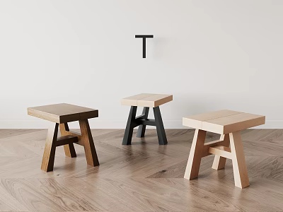 Three Modern Wooden Stools With Different Colored Legs On Wooden Floor And Light Wall Decor 3d model