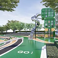 Residential Landscape With Playground Features Green Cube Structure Silver Slide And Trees