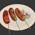 Grilled Sausages on Skewers Served on White Plate With Garlic Cloves
