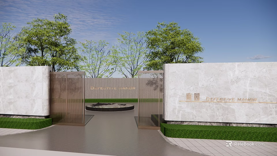 Elegant Garden Landscape with Metal Gate Stone Monument Lush Trees Green Lawn and Circular Design 3d model 
