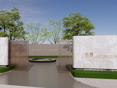 Elegant Garden Landscape with Metal Gate Stone Monument Lush Trees Green Lawn and Circular Design 3d model