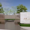 Elegant Garden Landscape with Metal Gate Stone Monument Lush Trees Green Lawn and Circular Design
