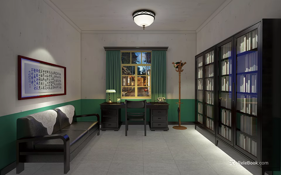 Traditional Office Interior With Sofa Desk Chair Floor Lamp Bookshelf And Green Curtains 3d model 