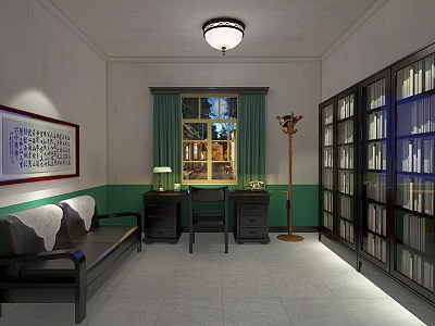 Traditional Office Interior With Sofa Desk Chair Floor Lamp Bookshelf And Green Curtains 3d model