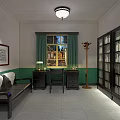 Traditional Office Interior With Sofa Desk Chair Floor Lamp Bookshelf And Green Curtains