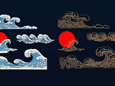 Traditional Japanese Style Wall Decor with Blue and Gold Wave Patterns and Red Sun 3d model