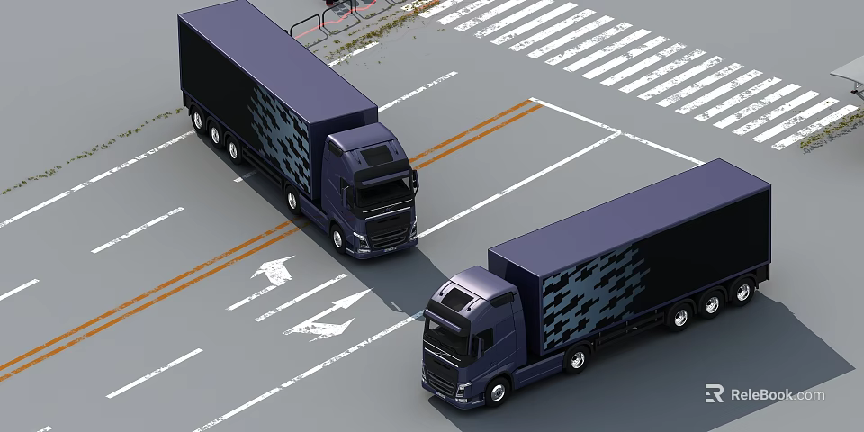 Two Dark Blue Trucks Driving On Road With Directional Arrows And Crosswalk 3d model 