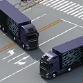 Two Dark Blue Trucks Driving On Road With Directional Arrows And Crosswalk