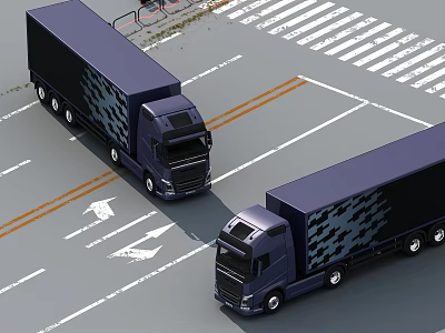 Two Dark Blue Trucks Driving On Road With Directional Arrows And Crosswalk 3d model