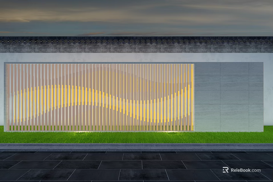 Modern Garden Landscape With Wavy Striped Screen Gray Wall Green Grass And Stone Pavement 3d model 