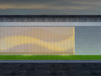 Modern Garden Landscape With Wavy Striped Screen Gray Wall Green Grass And Stone Pavement 3d model