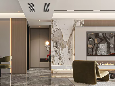 Modern Living and Dining Room Interior with Marble Wall Green Chairs TV and Fireplace 3d model