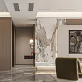 Modern Living and Dining Room Interior with Marble Wall Green Chairs TV and Fireplace
