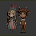 Two Cartoon Characters With Rabbit Ear Headband Antler Hat Striped Dress And Overalls