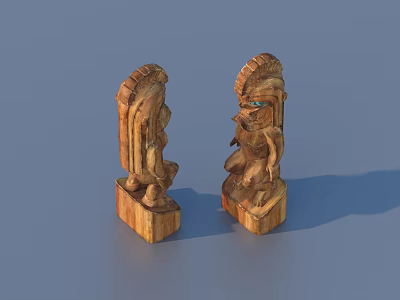 Two Intricate Wooden Sculpture Carvings with Tribal Headgear and Detailed Bases 3d model