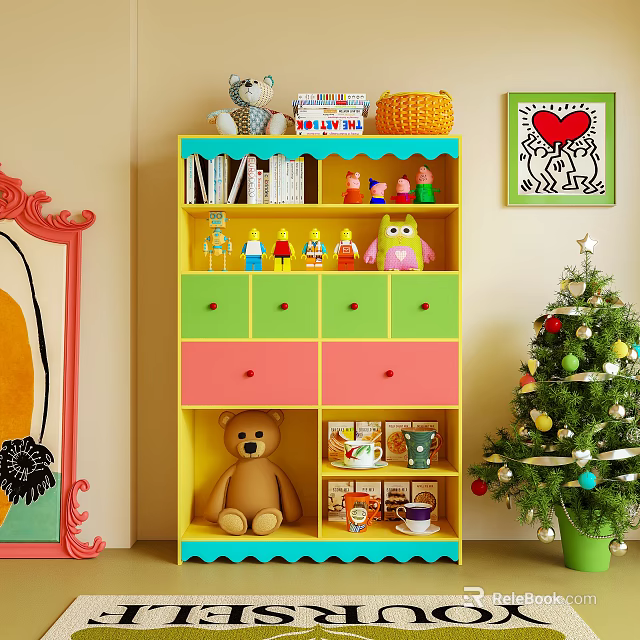 Colorful Storage Cabinet With Stuffed Toys Books And Decorative Items In Kids Room 3d model 