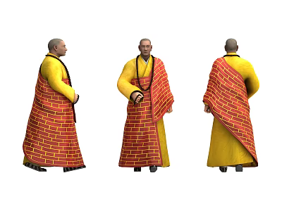 A Man Wearing Traditional Yellow And Red Robe In Front Side Back Views 3d model