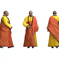 A Man Wearing Traditional Yellow And Red Robe In Front Side Back Views