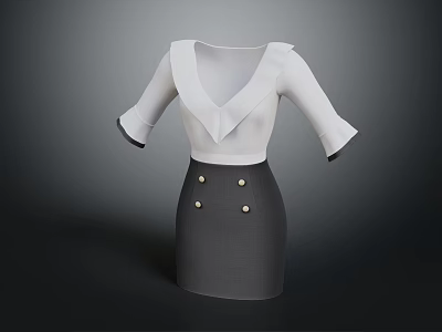 White V Neck Blouse With Short Sleeves And Grey Skirt Gold Buttons Formal Attire 3d model