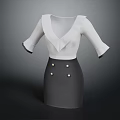 White V Neck Blouse With Short Sleeves And Grey Skirt Gold Buttons Formal Attire