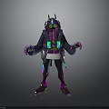Futuristic Cyberpunk Character With Neon Green Eyes Glowing Tech Backpack Dark Coat Purple Accents