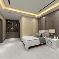 Modern Hotel Guest Room With Wooden Walls Bed Nightstand Table Lamp And Tile Flooring