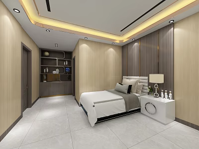 Modern Hotel Guest Room With Wooden Walls Bed Nightstand Table Lamp And Tile Flooring 3d model