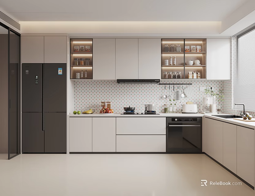Modern Kitchen Interior Design With White Cabinets Refrigerator Oven Countertop And Window 3d model 