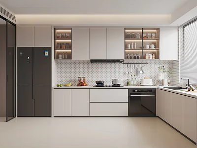 Modern Kitchen Interior Design With White Cabinets Refrigerator Oven Countertop And Window 3d model