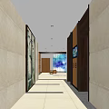 Modern Elevator Lobby Interior With Blue Art Wall Wooden Lockers Circular Carpet And Wooden Stools