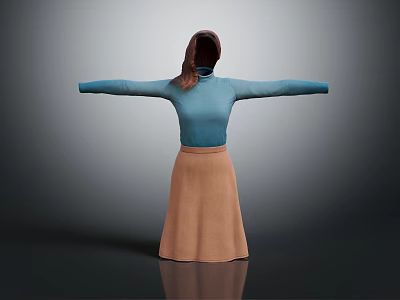 Stylish Blue Turtleneck Sweater with Brown A line Long Skirt on Fashion Mannequin 3d model
