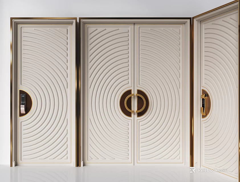 Modern Luxury Interior Design White Double Doors With Golden Circular Handles And Wave Patterns 3d model 