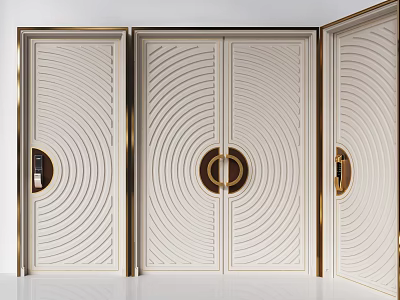 Modern Luxury Interior Design White Double Doors With Golden Circular Handles And Wave Patterns 3d model