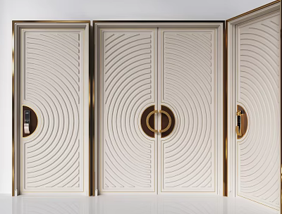 Modern Luxury Interior Design White Double Doors With Golden Circular Handles And Wave Patterns 3d model