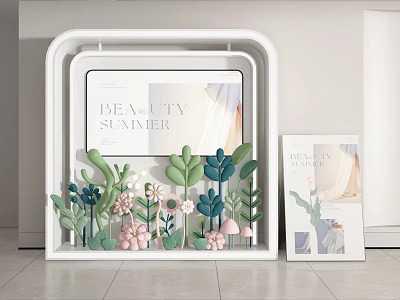 Beauty Summer Themed Window Display With Frame Structure And Colorful Floral Decorations 3d model