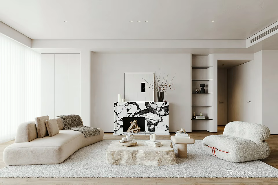 Minimalist Living Room Interior With Beige Sofa Marble Fireplace Coffee Table And Rug 3d model 