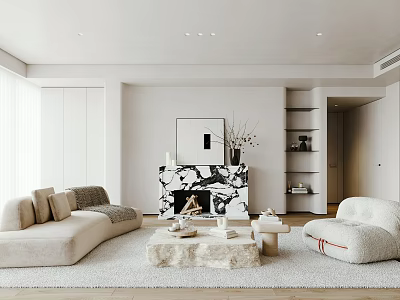 Minimalist Living Room Interior With Beige Sofa Marble Fireplace Coffee Table And Rug 3d model