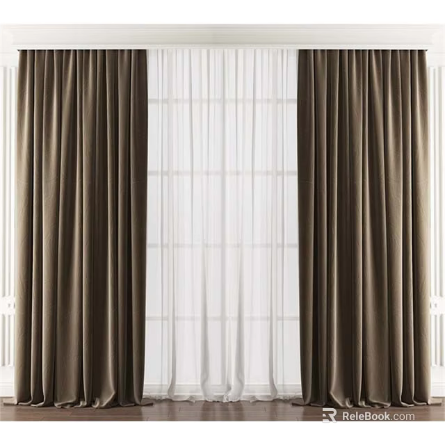 Elegant Brown Curtains With White Sheer Panels For Window Interior Design 3d model 