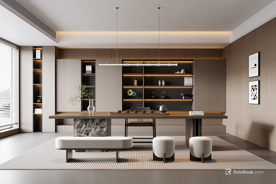 Modern Tea Room Interior With Open Concept Long Table Pendant Lights Bookshelves And Decorative Paintings 3d model 