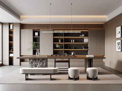 Modern Tea Room Interior With Open Concept Long Table Pendant Lights Bookshelves And Decorative Paintings 3d model