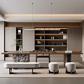 Modern Tea Room Interior With Open Concept Long Table Pendant Lights Bookshelves And Decorative Paintings