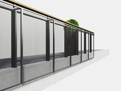 Modern Black Metal Mesh Balcony Railing With Wooden Top Rail And Green Plant 3d model