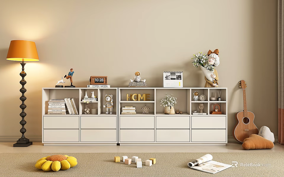 White Bookshelf with Books Decorative Items Photo Frame and Guitar in Cozy Room 3d model 
