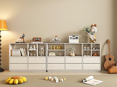 White Bookshelf with Books Decorative Items Photo Frame and Guitar in Cozy Room 3d model